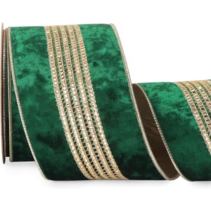 image:imageRibbli Burgundy Velvet Wired Ribbon with Luxurious Glittering Stripe 4 Inch Christmas Ribbon for Tree Gift Wrapping Wreaths Garland Topper Bows Crafts Home Decor 10 YardsForest Green