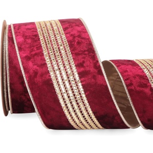 image:imageRibbli Burgundy Velvet Wired Ribbon with Luxurious Glittering Stripe 4 Inch Christmas Ribbon for Tree Gift Wrapping Wreaths Garland Topper Bows Crafts Home Decor 10 YardsBurgundy