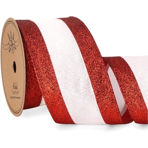 image:imageRibbli Champagne Wired Ribbon Ivory Satin with Champagne Glitter Edge 25 Inch Christmas Ribbon for Tree Gift Wrapping Wreaths Garland Topper Bows Crafts Home Decor 10 YardsRedWhite