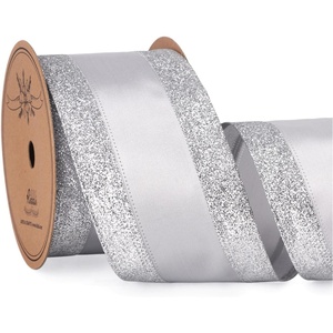 image:imageRibbli Champagne Wired Ribbon Ivory Satin with Champagne Glitter Edge 25 Inch Christmas Ribbon for Tree Gift Wrapping Wreaths Garland Topper Bows Crafts Home Decor 10 YardsSilver