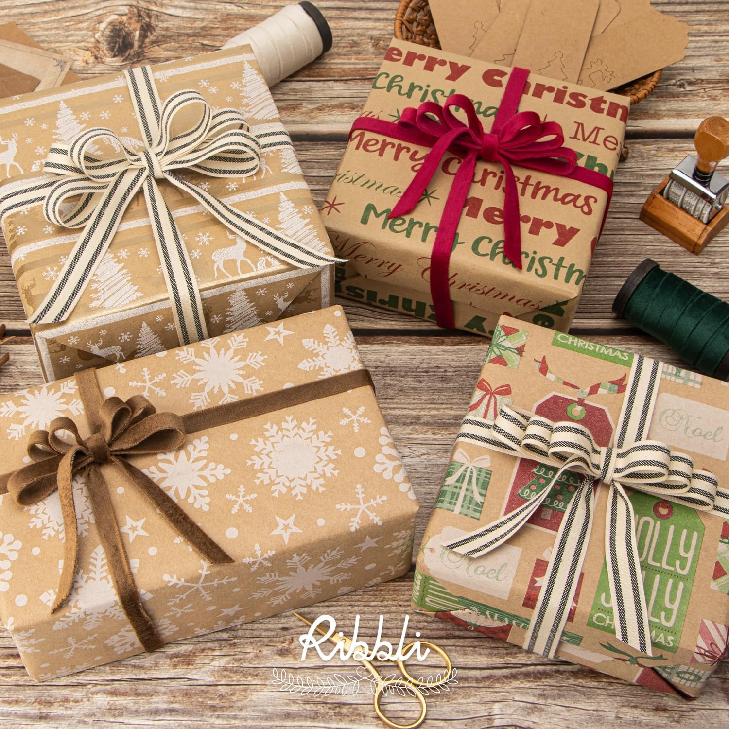 image:imageRibbli Christmas Wrapping Paper 4 Rolls Vintage Kraft Wrapping paper 17 Inch x 10 Feet Per Roll Snowflakes Christmas Tree Gift Box Printed AssortmentBrownRedGreenWhite
