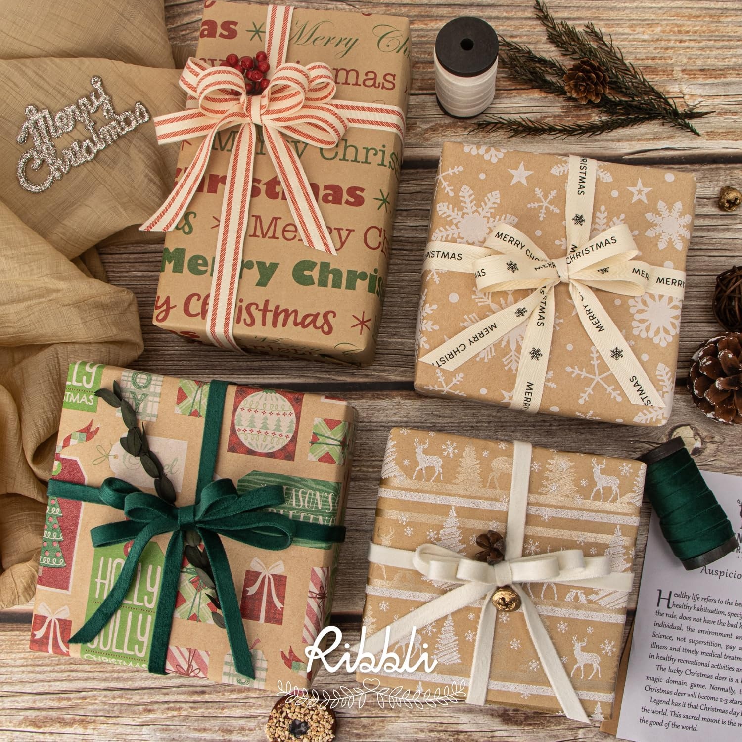 image:imageRibbli Christmas Wrapping Paper 4 Rolls Vintage Kraft Wrapping paper 17 Inch x 10 Feet Per Roll Snowflakes Christmas Tree Gift Box Printed AssortmentBrownRedGreenWhite