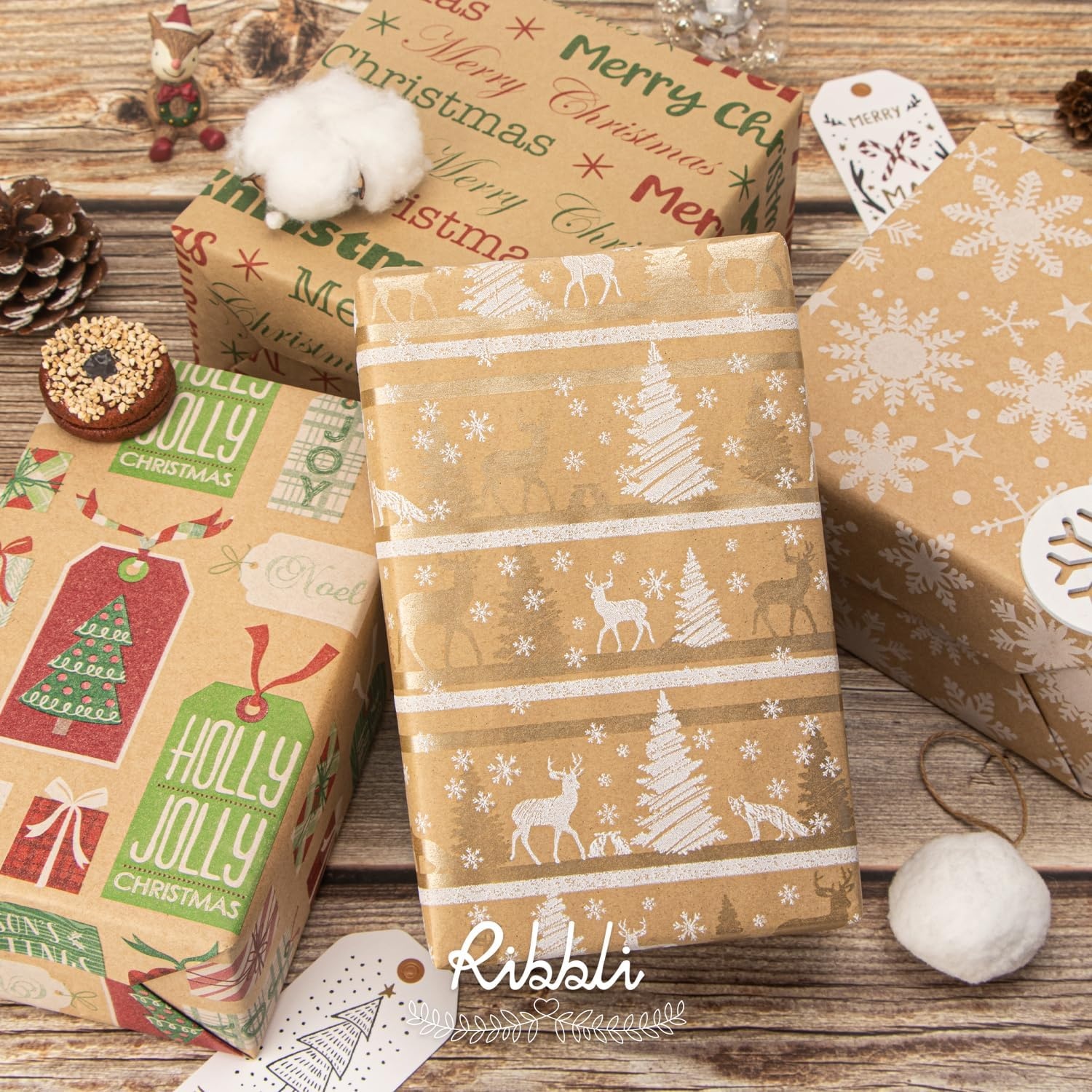 image:imageRibbli Christmas Wrapping Paper 4 Rolls Vintage Kraft Wrapping paper 17 Inch x 10 Feet Per Roll Snowflakes Christmas Tree Gift Box Printed AssortmentBrownRedGreenWhite