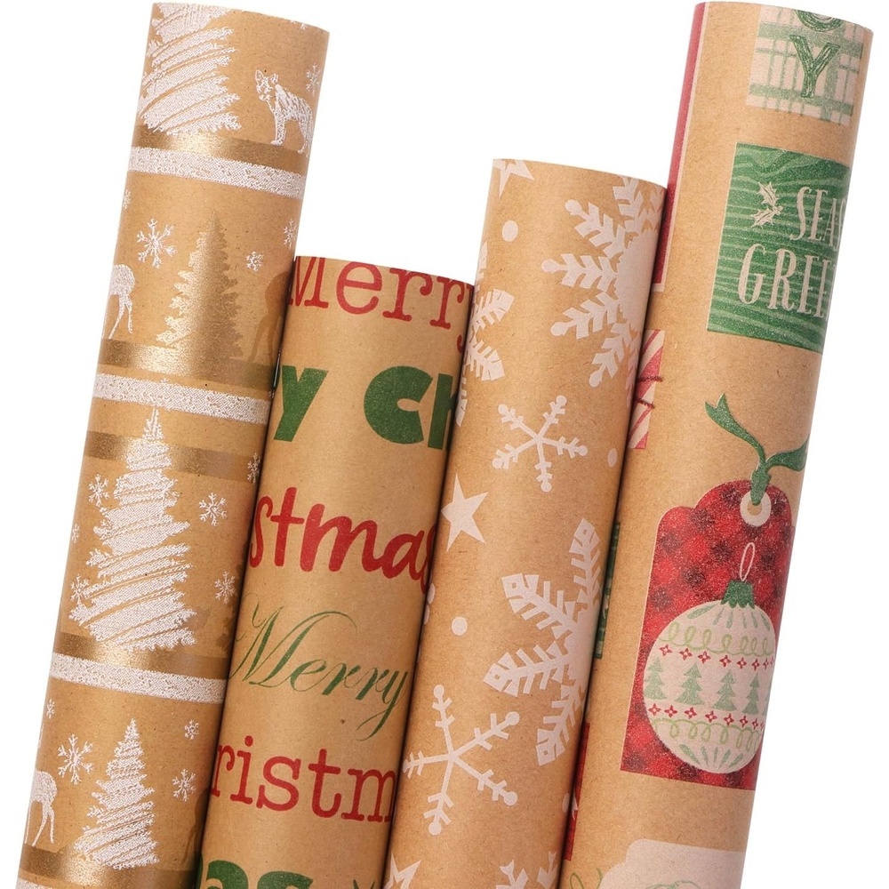 image:imageRibbli Christmas Wrapping Paper 4 Rolls Vintage Kraft Wrapping paper 17 Inch x 10 Feet Per Roll Snowflakes Christmas Tree Gift Box Printed AssortmentBrownRedGreenWhite