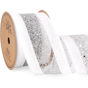 image:imageRibbli Ivoy Wired Ribbon Ivory Satin with Champagne Gold Glitter Mesh 25 Inch Christmas Ribbon for Tree Gift Wrapping Wreaths Garland Topper Bows Crafts Home Decor 10 YardsWhiteSilver