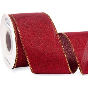 image:imageRibbli Metallic Beige Linen Wired Ribbon212 Inch x Continuous 10 Yard Natural Burlap Ribbon with Gold EdgeChristmas Ribbon for WreathsBig BowGift Wrapping Christmas Tree DecorationDark RedGold